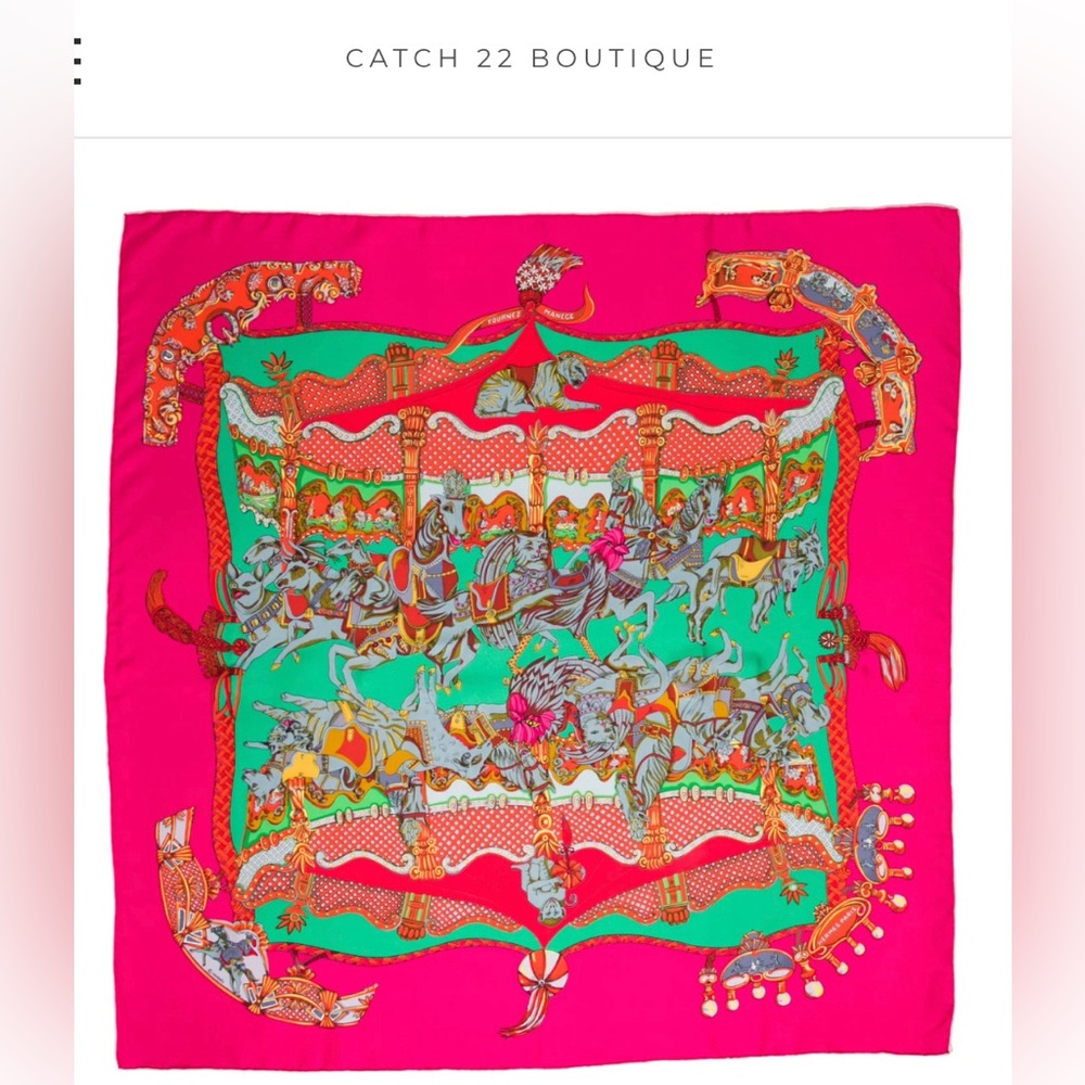 Hermes Carre 'Tournez Manege' 90 Pink & Green Silk Scarf